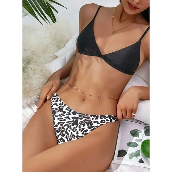 NEW Leopard Print Triangle Top Thong Bikini M - Picture 2 of 5
